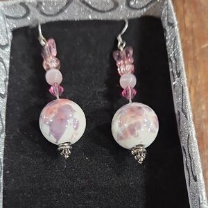 Elegant Pink and White Beaded Earrings Pink Butterfly